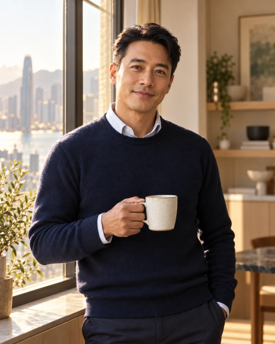 Kelvin, a physician, holds a coffee cup by a tall window, a harbour skyline behind him.